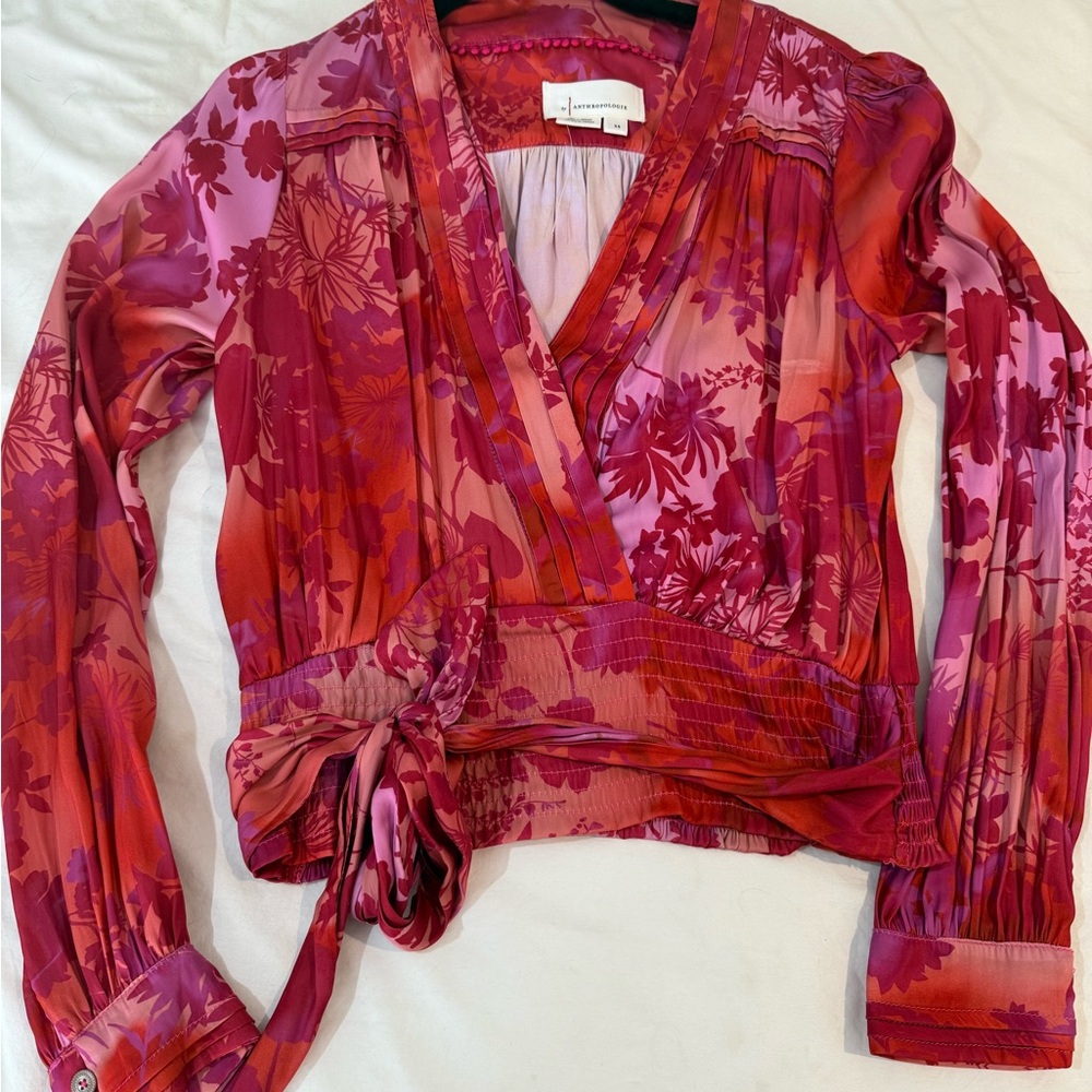 Anthropologie Red Wrap Tie Front Blouse